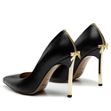 Czarne szpilki z kokardą na złotym obcasie 10 cm ze skóry naturalnej - 1223 Czarny Lico/Złoty