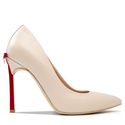 Beżowe szpilki z kokardą na czerwonym obcasie 10 cm ze skóry naturalnej - 1223 Beżowy Lico/Czerwony