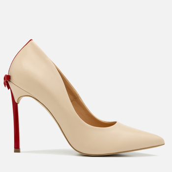 Beżowe szpilki z kokardą na czerwonym obcasie 10 cm ze skóry naturalnej - 1223 Beżowy Lico/Czerwony