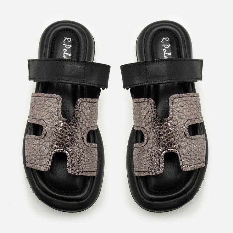 Klapki R.Polański 2137 - Czarny/Grafit Kryształ