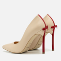 Beżowe szpilki z kokardą na czerwonym obcasie 10 cm ze skóry naturalnej - 1223 Beżowy Lico/Czerwony