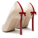 Beżowe szpilki z kokardą na czerwonym obcasie 10 cm ze skóry naturalnej - 1223 Beżowy Lico/Czerwony