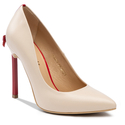 Beżowe szpilki z kokardą na czerwonym obcasie 10 cm ze skóry naturalnej - 1223 Beżowy Lico/Czerwony