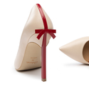 Beżowe szpilki z kokardą na czerwonym obcasie 10 cm ze skóry naturalnej - 1223 Beżowy Lico/Czerwony