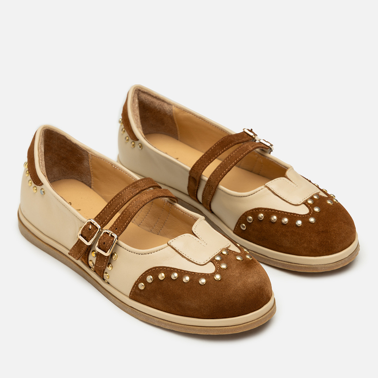 Baleriny R.Polański 2208 - Beżowy Lico/Brązowy Zamsz