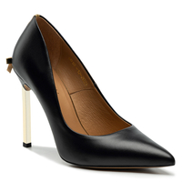 Czarne szpilki z kokardą na złotym obcasie 10 cm ze skóry naturalnej - 1223 Czarny Lico/Złoty